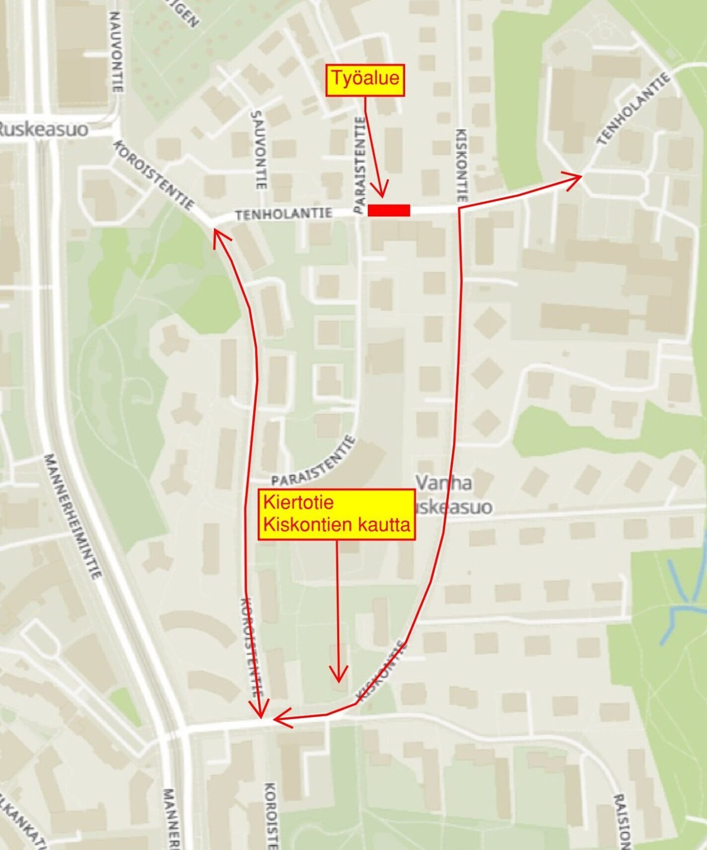 Kulku Ortoniin tapahtuu Kiskontien kautta, koskaTenholantiellä tehdään tietöitä.